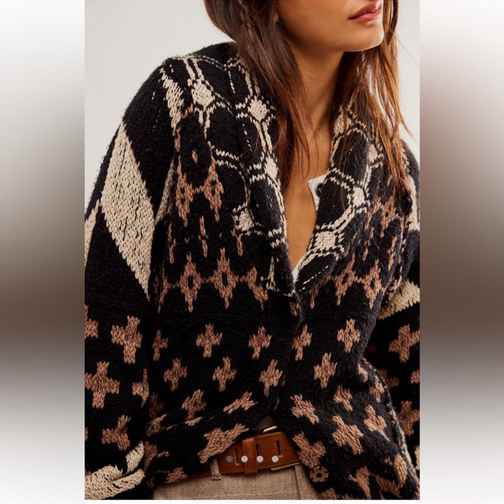 Free People Black and Brown Patterned Cardigan